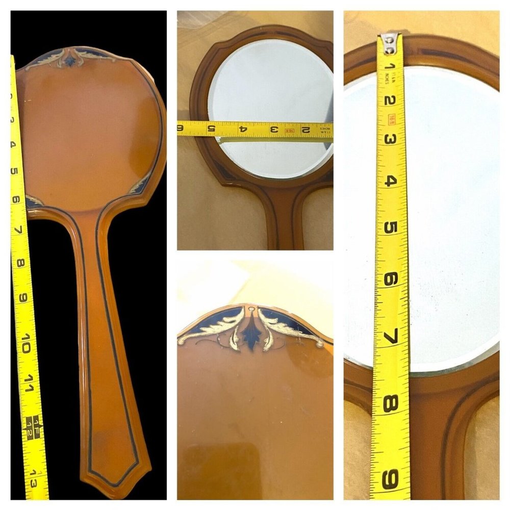 Art Deco  Vanity Hand Held Beveled 13” Mirror Celluloid Bakelite‎ Amber